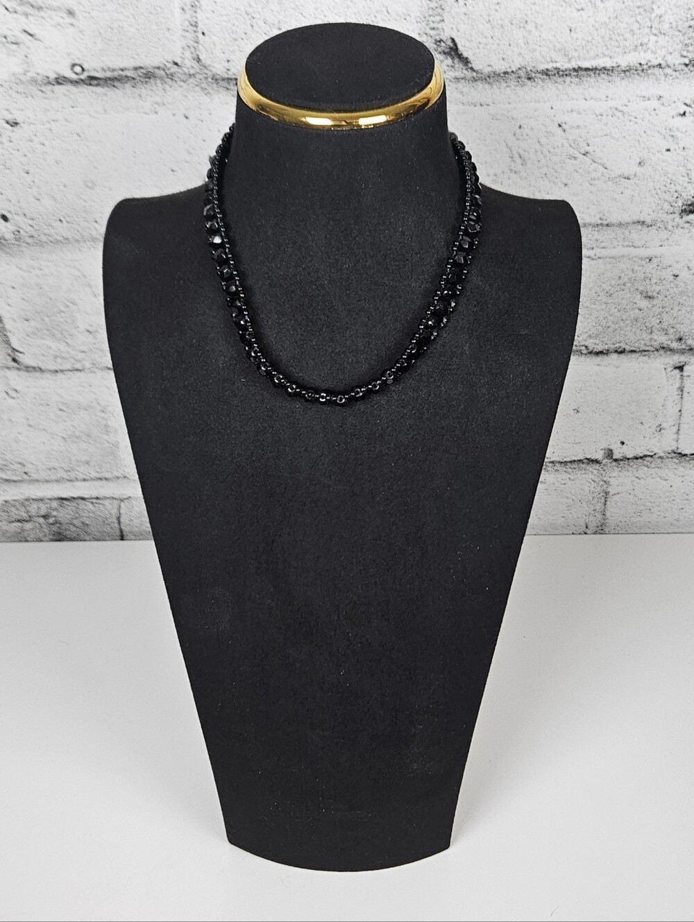 Black Faceted Beaded Statement Necklace Silver Tone Adjustable Chain